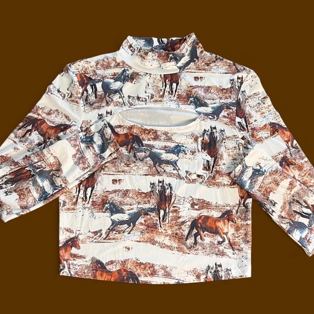 Western wild horses open chest long sleeve shirt Size Medium